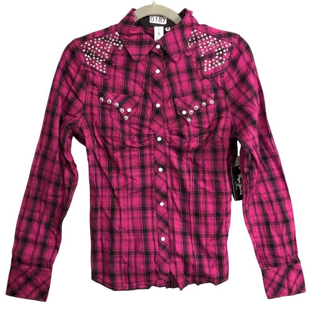Pepe Jeans London Womens Pink Black Studded Snap Front Western Shirt Size M
